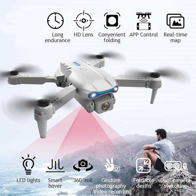 E99 Foldable Drone with 720p HD Camera, 360° Flip, Altitude Hold & LED Lights – Long Flight Time, App & Remote Control